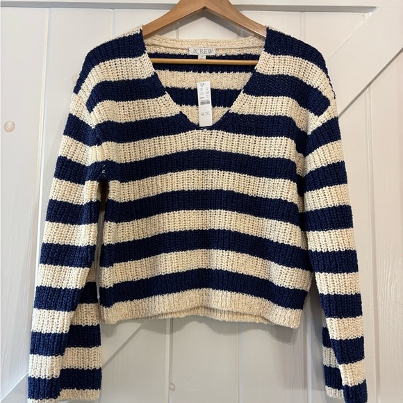 J. Crew Women's V-Neck Navy Cream Chunky Knit Sweater Nautical Fishermancore S - Picture 3 of 10